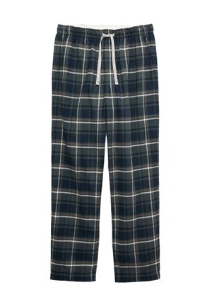 Marineblå og gråternede pyjamasbukser med elastisk linning og hvid snøre, lige ben, lagt fladt på hvid baggrund.