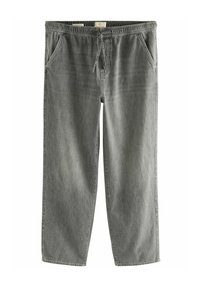 Pantaloni din denim gri, cu o croială relaxată, talie elastică, șnur și două buzunare laterale. Au o textură netedă și un design cu picioare drepte.
