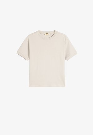 Hellbeige T-Shirt mit kurzen Ärmeln aus weicher Baumwolle, mit Rundhalsausschnitt und einem sauberen, schlichten Design ohne Muster oder Akzente.
