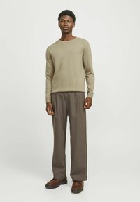 Beige Strickpullover mit Rundhalsausschnitt, kombiniert mit dunkelbraunen, gefalteten Hosen und braunen Schuhen. Einfaches Design und klare Linien.