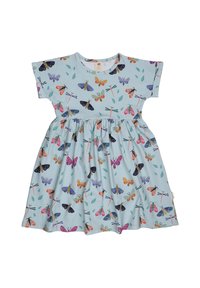 Himmelblaues Baumwollkleid mit kurzen Ärmeln, geraffter Taille und buntem Schmetterlings- und Libellenmuster. Weicher Stoff und lässiges Design.