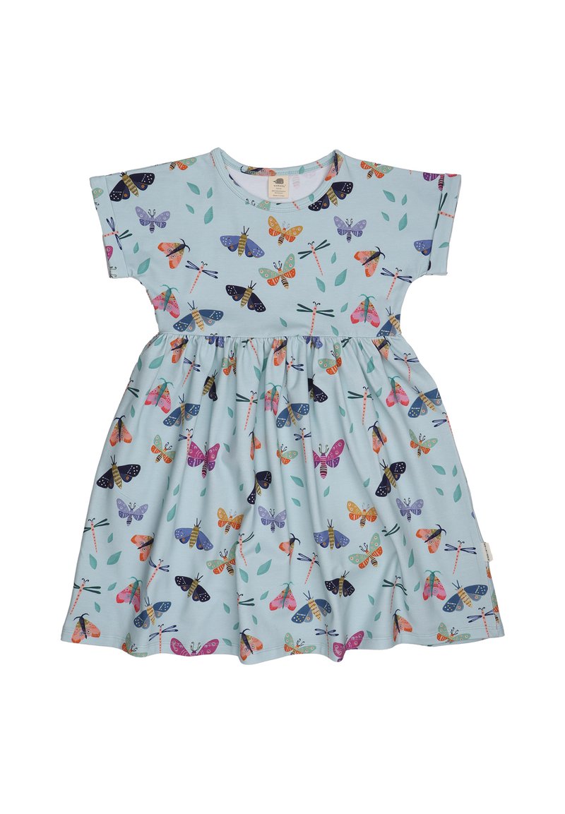 Himmelblaues Baumwollkleid mit kurzen Ärmeln, geraffter Taille und buntem Schmetterlings- und Libellenmuster. Weicher Stoff und lässiges Design.
