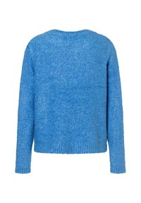 Blauer, flauschiger Strickpullover mit Rundhalsausschnitt und langen Ärmeln. Mit gerippten Bündchen und Saum. Einfache, einfarbige Ausführung mit weicher Textur.