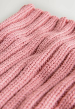 Pink knitted fabric with a ribbed texture, featuring vertical lines and a soft, fuzzy appearance. The pattern is consistent and uniform.