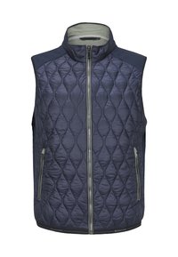 Marineblaue gesteppte Weste mit hohem Kragen, durchgehendem Reißverschluss und kontrastierenden Einsatzpaneelen. Verfügt über zwei Reißverschlusstaschen und einen markenprägten Saum.