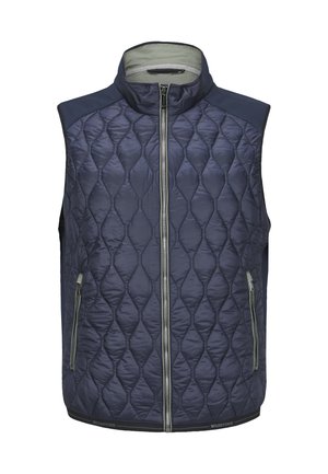 Marineblaue gesteppte Weste mit hohem Kragen, durchgehendem Reißverschluss und kontrastierenden Einsatzpaneelen. Verfügt über zwei Reißverschlusstaschen und einen markenprägten Saum.