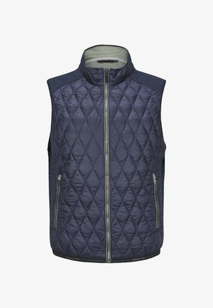 Marineblaue gesteppte Weste mit hohem Kragen, durchgehendem Reißverschluss und kontrastierenden Einsatzpaneelen. Verfügt über zwei Reißverschlusstaschen und einen markenprägten Saum.
