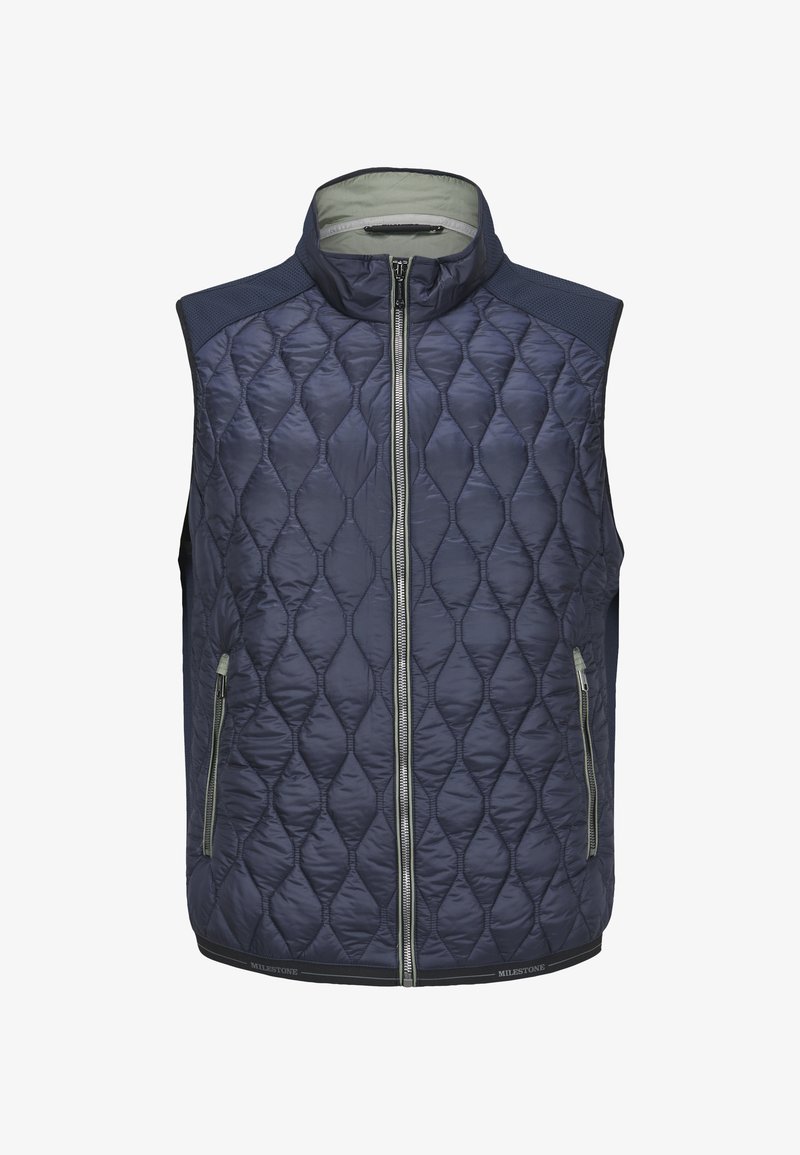 Marineblaue gesteppte Weste mit hohem Kragen, durchgehendem Reißverschluss und kontrastierenden Einsatzpaneelen. Verfügt über zwei Reißverschlusstaschen und einen markenprägten Saum.