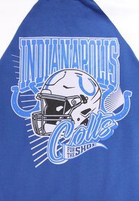 Blue cotton t-shirt features a graphic design of a white football helmet and "INDIANAPOLIS COLTS" text in blue and black accents.
