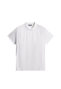 White polo shirt with short sleeves, classic collar, and mesh side panels for ventilation. Smooth texture and lightweight fabric.