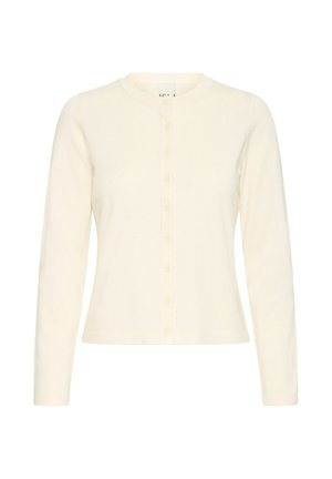 Cardigan couleur crème à manches longues, col rond et fermeture boutonnée. Confectionné dans un tissu doux avec une texture lisse et un léger côtelé.