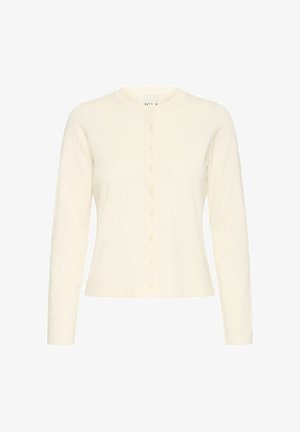 Crèmekleurig vest met lange mouwen, een ronde halslijn en een knoopsluiting aan de voorkant. Gemaakt van zachte stof met een gladde textuur en subtiele ribbels.