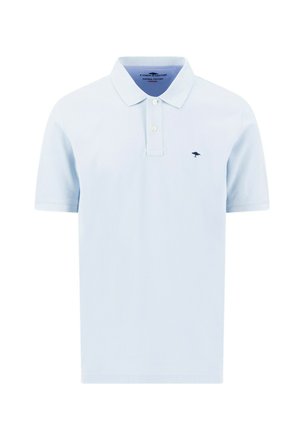 Light blue short-sleeve polo shirt with two white buttons, classic collar, and small dark logo on the left chest.