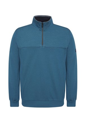 Fleece pullover i teal med en kvartlængde lynlås og ribbet tekstur på den øverste front. Har lange ærmer og en glat finish.