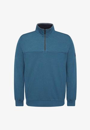 Fleece pullover i teal med en kvartlængde lynlås og ribbet tekstur på den øverste front. Har lange ærmer og en glat finish.