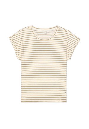 Camiseta de rayas en color crema con finas líneas horizontales doradas y marrón oscuro. Presenta un escote redondo y mangas cortas dobladas. Tejido suave.