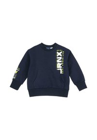 Marinblå sweatshirt med rund hals, långa ärmar och en framficka. Har gula texter och mönster på framsidan och ärmarna.