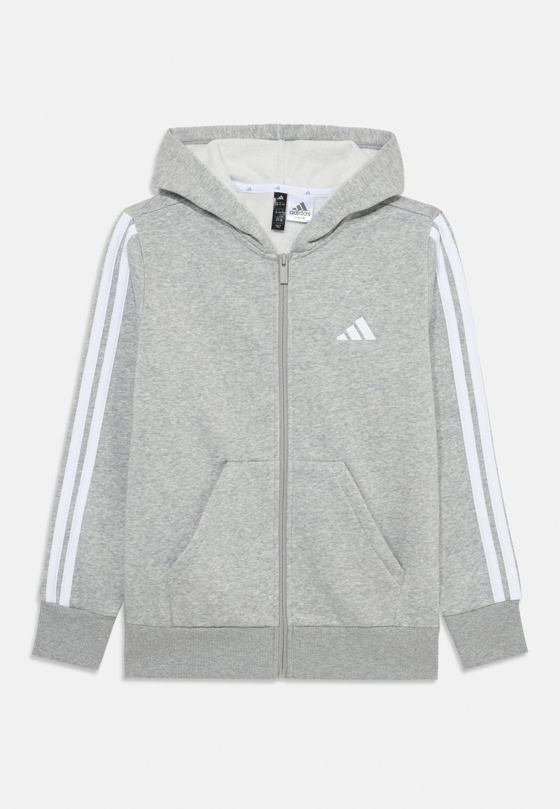 Grauer Reißverschluss-Hoodie aus weichem Material, mit einer weiß gefütterten Kapuze, zwei Fronttaschen und weißen Streifen an den Ärmeln.