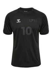 Sort sportstrøje med korte ærmer, der har et stort '10' i mørkegrå, 'LP10' tekst og Hummel-logo på forsiden. Glat tekstur.