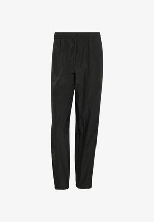 Pantaloni jogger neri, leggeri, con vita elasticizzata e un dettaglio logo discreto. Texture liscia con gambe affusolate e senza tasche.