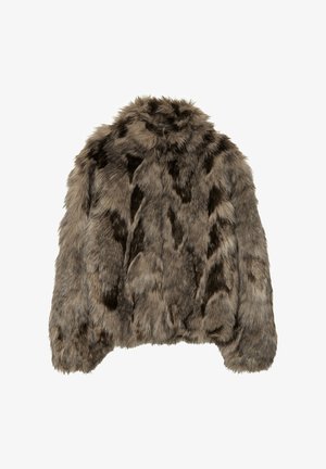 Giacca in pelliccia sintetica nelle tonalità di grigio e marrone, caratterizzata da un colletto alto, una texture morbida e una vestibilità ampia con motivi irregolari e ondulati.