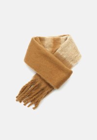 Écharpe marron en matière douce, présentant une couleur plus claire à une extrémité, avec des franges le long du bord inférieur.