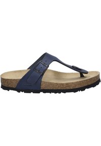 Infradito blu navy con cinturino in pelle, soletta in sughero e suola in gomma testurizzata. Dettaglio con fibbia sul cinturino.
