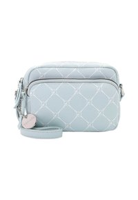 Borsa a tracolla blu chiaro realizzata in materiale sintetico testurizzato, caratterizzata da un motivo geometrico, hardware argentato e tracolla removibile.