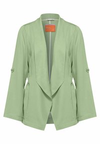 Jasnozielona kurtka z luźno zwisającym otwartym przodem, długimi rękawami i regulowanymi paskami na rękawach. Gładka tkanina o luźnym kroju.