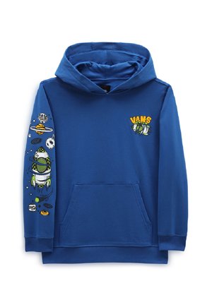 Sudadera con capucha azul hecha de algodón, con un bolsillo tipo canguro y gráficos de planetas y un cohete en la manga izquierda. Logotipo "VANS" bordado.
