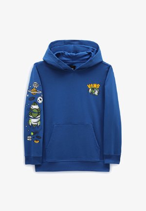 Sweat à capuche bleu en coton, avec une poche kangourou et des motifs de planètes et d'une fusée sur la manche gauche. Logo "VANS" brodé.