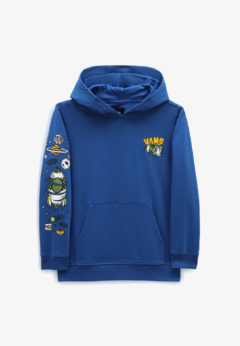 Sweat à capuche bleu en coton, avec une poche kangourou et des motifs de planètes et d'une fusée sur la manche gauche. Logo "VANS" brodé.