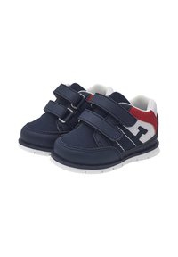 Sneakers blu per bambini con due cinturini in velcro, suola bianca, tomaia in tessuto a rete e sintetico, dettagli rossi e bianchi sul tallone e sui lati.