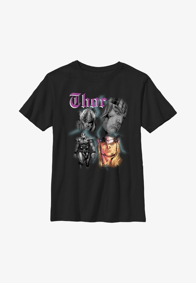 Černé tričko se slovem "Thor" v růžové barvě, se čtyřmi ilustracemi ve stylu komiksu, které zobrazují Thora v různých pozicích a výrazech.