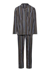 Conjunto de pijama a rayas en azul, navy y amarillo. Presenta una parte superior con botones y un bolsillo, y pantalones a juego. Tejido de algodón suave.