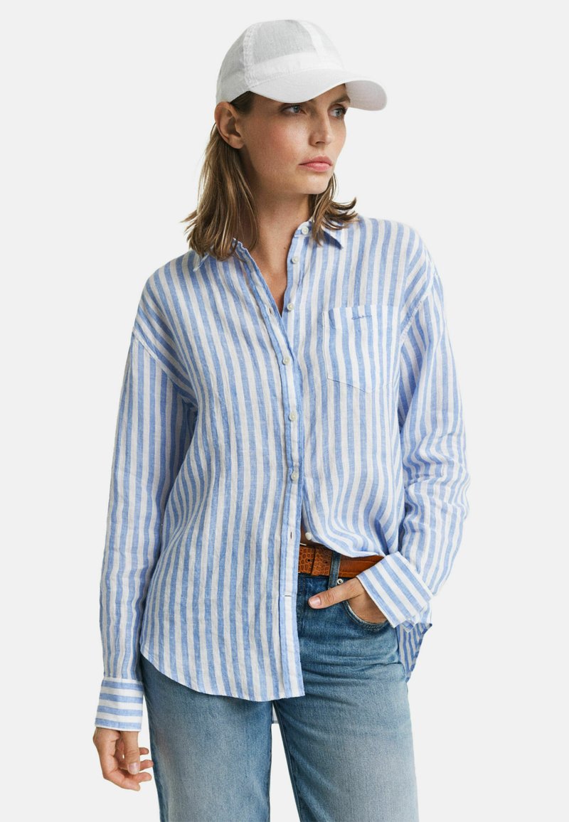 Camicia a righe azzurro chiaro e bianca con una tasca, abbinata a jeans in denim chiaro e un cappellino bianco.