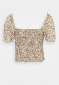 Beige cropped top med firkantet halsudskæring, puffede ærmer og sort plettet mønster. Fremstillet af blødt, tekstureret stof med smockdetaljer.