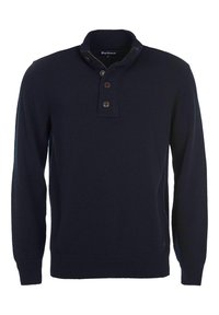 Marineblauer strickpullover mit Mock-Kragen, drei braunen Knöpfen und gerippten Bündchen. Weicher Stoff und gerade geschnittenes Design. Markenetikett sichtbar.