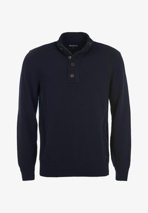 Marineblauer strickpullover mit Mock-Kragen, drei braunen Knöpfen und gerippten Bündchen. Weicher Stoff und gerade geschnittenes Design. Markenetikett sichtbar.