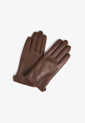 Brune læderhandsker med en glat overflade, en tæt pasform, fem fingre og ingen synlige dekorationer.