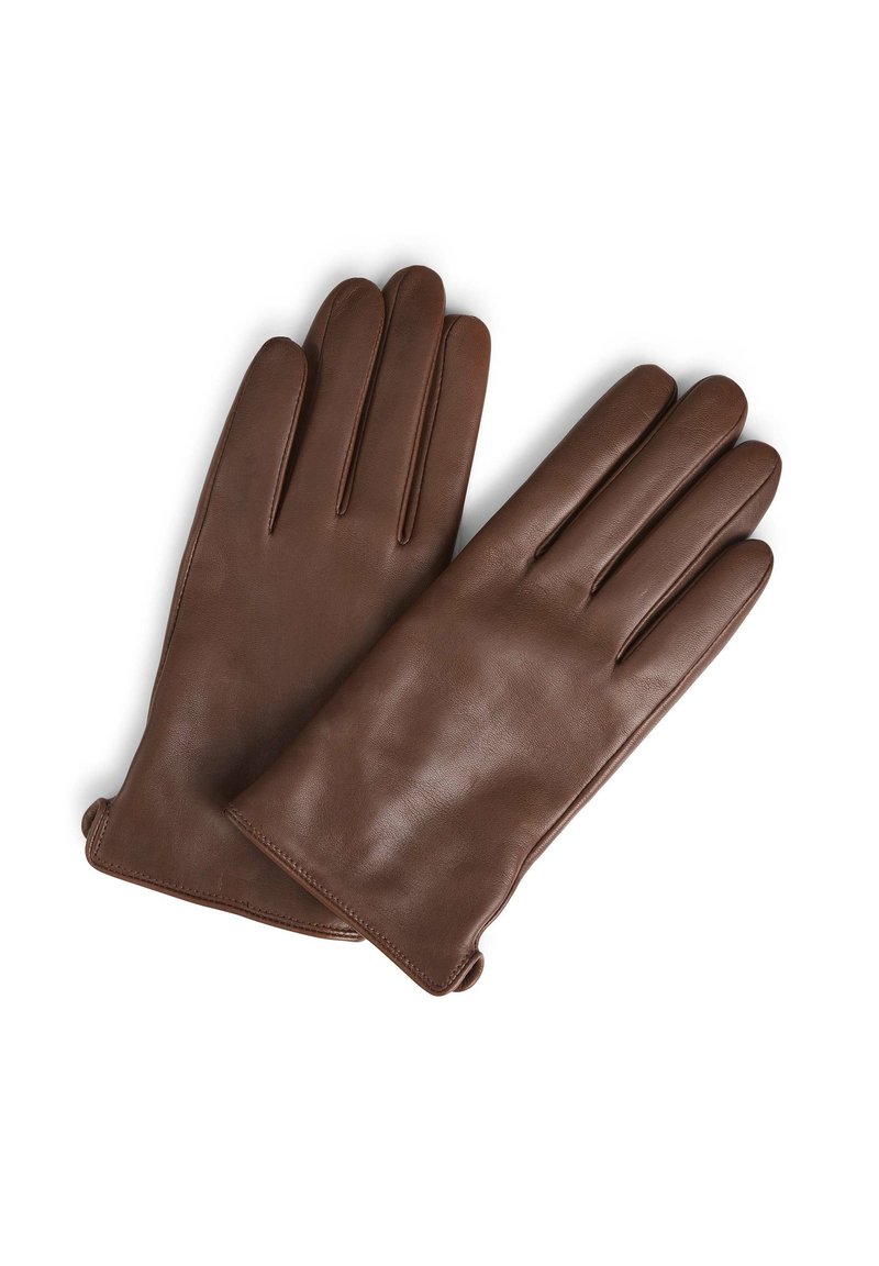 Bruine leren handschoenen met een gladde textuur, een nauwsluitend design, vijf vingers en geen zichtbare versieringen.