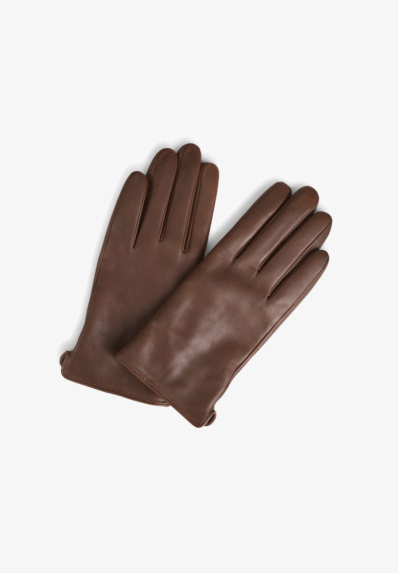 Gants en cuir marron, présentant une texture lisse, un design ajusté, cinq doigts et sans embellissements visibles.