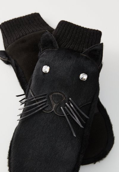 Mitones de temática de gato negro, hechos de suave piel sintética, con un acabado texturizado, puños de tela, ojos de rhinestone y bigotes de cuero.