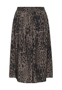 Leopard print mid-length skirt in earthy tones, featuring an elastic waistband and soft fabric for a relaxed fit.