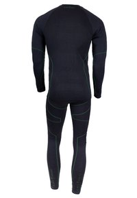 Schwarzer Langarm-Thermoanzug mit grünen Nähten, körperbetontem Design, strukturierten Einsätzen am Rücken und Logo am Unterschenkel, hergestellt aus dehnbarem Material.