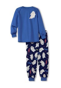 Haut à manches longues bleu avec un motif de fantôme blanc ; pantalon de pyjama marine avec divers motifs de fantômes et de chauves-souris ludiques aux couleurs vives.