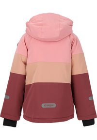 Giacca a blocchi di colore caratterizzata da pannelli rosa chiaro, beige e bordeaux. Design con cappuccio, dettagli neri e logo riflettente sul retro.