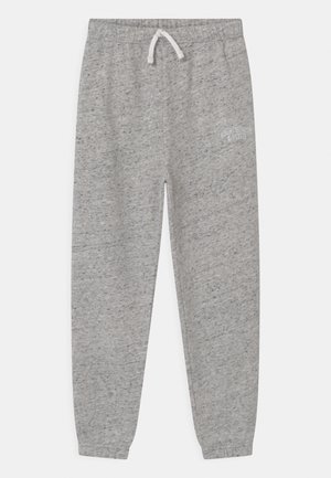 Lysegrå melerede joggingbukser med elastisk taljebånd, hvid snøre, manchetter og småt hvidt Abercrombie & Fitch-logo på venstre lår.