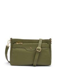 Borsa a tracolla verde in pelle con tracolla regolabile, superficie texture, tasca anteriore con zip e discreto logo metallico. Dettagli in hardware dorato.