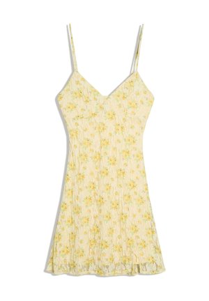 Gelbes geblümtes Sommerkleid mit dünnen Spaghettiträgern und V-Ausschnitt, aus leichtem, fließendem Stoff mit kleinem Schlitz am Saum.